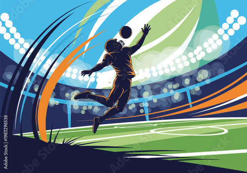Dynamic illustration of an American football player leaping to catch the ball in a brightly lit stadium.