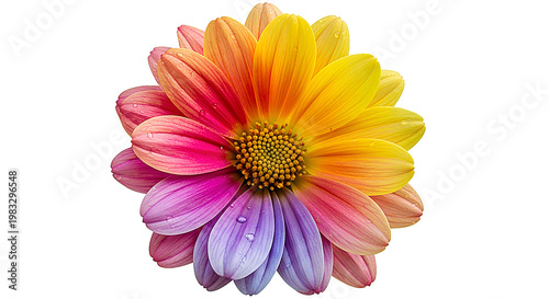 Vibrant rainbow chrysanthemum flower with colorful petals, isolated on transparent background