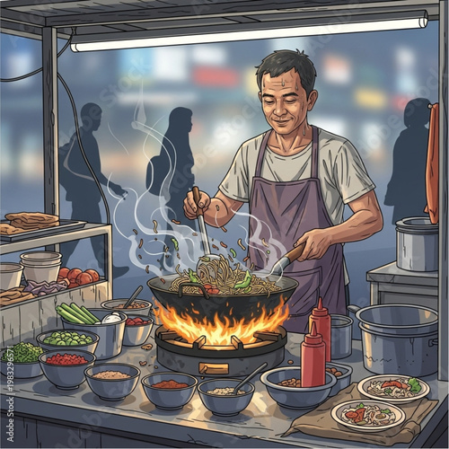 Street Food Vendor Cooking Asian Dish.