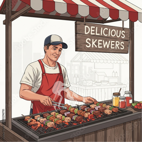Street Food Vendor Grilling Skewers.