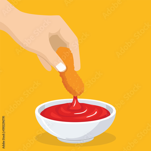 Hand dipping chicken nugget into red sauce in white bowl on yellow background
