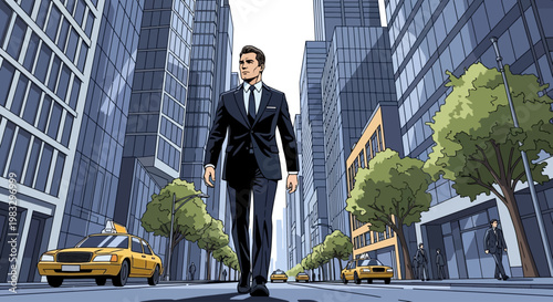Businessman in black suit walking city.