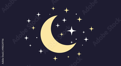 Crescent Moon with Stars in Space.