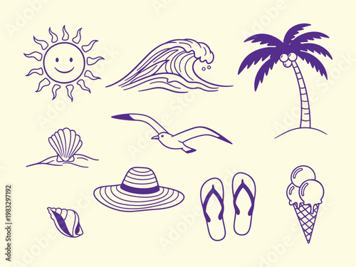 Summer beach doodle set sun wave palm tree flip flops shells vector