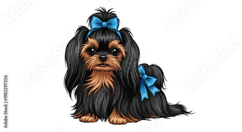Cute Yorkie Dog with Blue Bows.