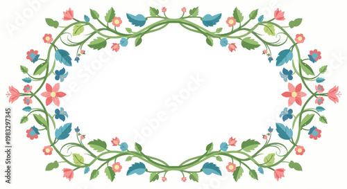 Colorful floral wreath with birds.