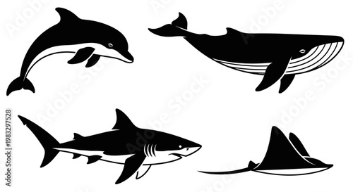 Marine Animals Silhouettes Set: Dolphin, Whale, Shark, and Stingray Icons