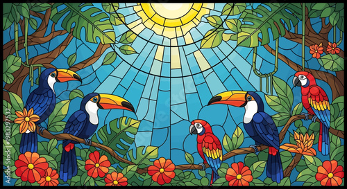 Colorful Toucan Birds Perched on Branches.