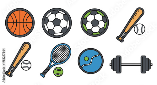 Sports equipment icons set collection.