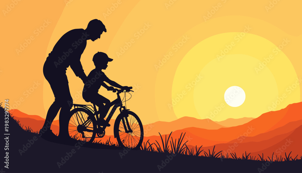 Obraz premium Father and child riding bicycle together during sunset in nature. Father's Day 