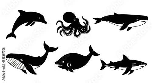 Marine Life Silhouettes Set: Dolphin, Octopus, Whales, Shark, and Fish Icons