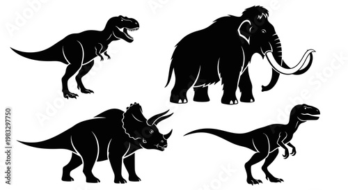 Prehistoric Animal Silhouettes Collection: Dinosaur and Mammoth Vector Set