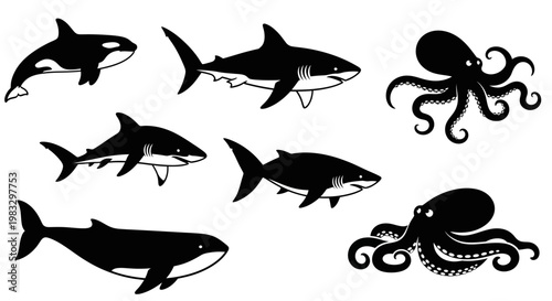 Oceanic Wildlife Silhouettes: Sharks, Orca, Whale, and Octopus Vector Set