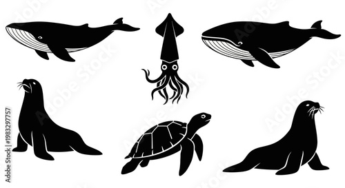 Oceanic Wildlife Silhouettes: Whales, Squid, Seals, and Sea Turtle Collection