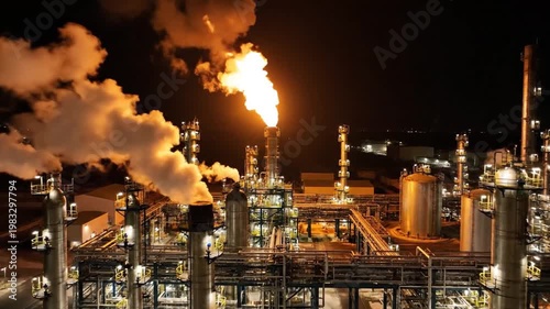 Oil refinery gas flare stack at night emitting smoke