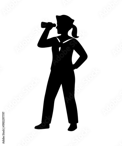 Sailor female silhouette searching with monocular telescope