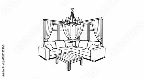 Cozy corner sectional sofa with coffee table, windows, curtains, and chandelier