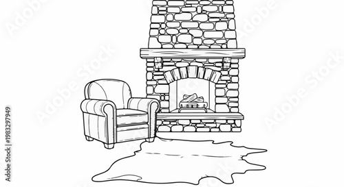 Cozy living room scene with armchair, stone fireplace, and animal hide rug