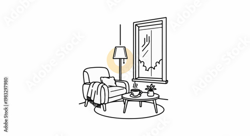 Cozy living room with armchair, coffee, plant, lamp, and window view