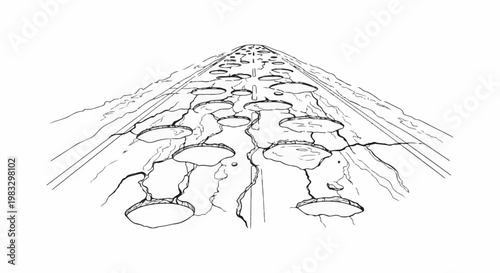 Cracked, dry, textured ground with circular indentations receding into distance