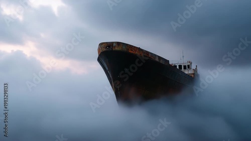 Rusted ghost ship in smoke and fog, eerie old vessel in dramatic ocean atmosphere, cinematic abandoned boat, maritime mystery and danger concept ghost ship, rusted boat, abandoned