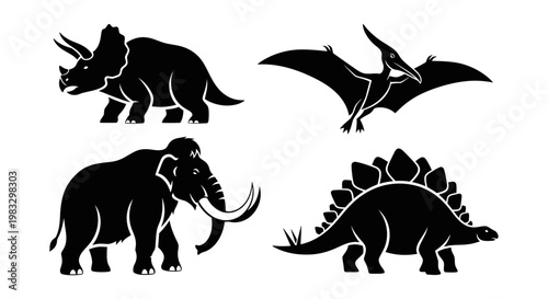 Prehistoric Animals Silhouettes Set: Dinosaurs, Pterodactyl, and Mammoth Icons