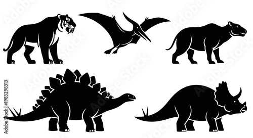 Prehistoric Animals Silhouettes Set: Dinosaurs, Saber-toothed Tiger, Pterodactyl, Stegosaurus, Triceratops