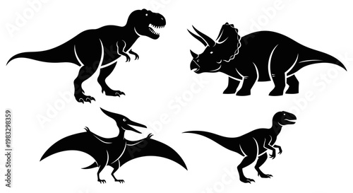 Prehistoric Dinosaur Silhouettes Set - Tyrannosaurus Rex, Triceratops, Pterodactyl, Velociraptor Icons