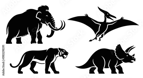 Prehistoric Extinct Animals Silhouettes Set: Mammoth, Pterodactyl, Sabertooth, Triceratops