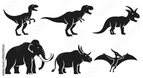 Set of prehistoric animal and dinosaur silhouettes including T-Rex, Mammoth, and Pterodactyl