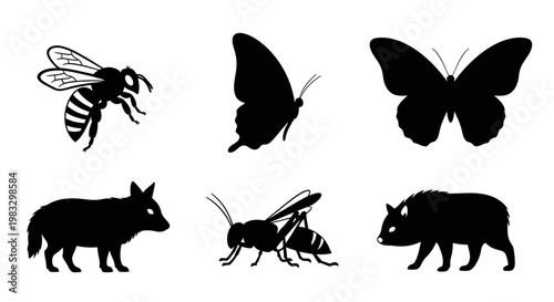 Wildlife and Insect Silhouettes Set. Diverse Animal Icons.