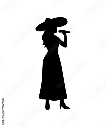 Woman silhouette singing wearing a large hat and long dress during a performance in a public space
