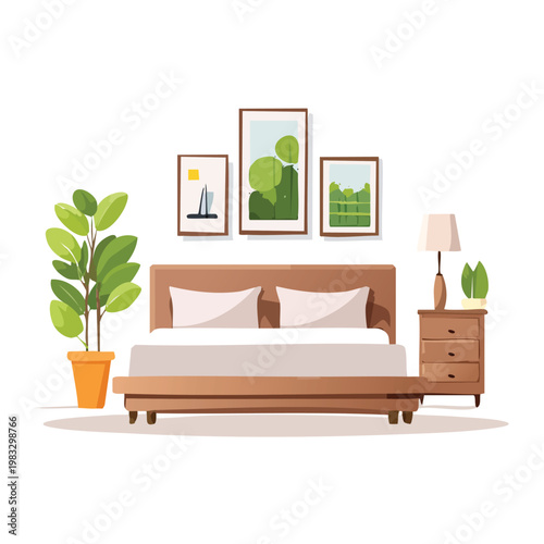 Modern bedroom interior design with bed art plant lamp and nightstand