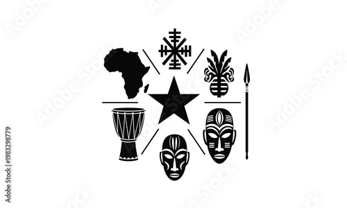 African heritage symbols vector set with masks drum and map silhouette line art collection.
