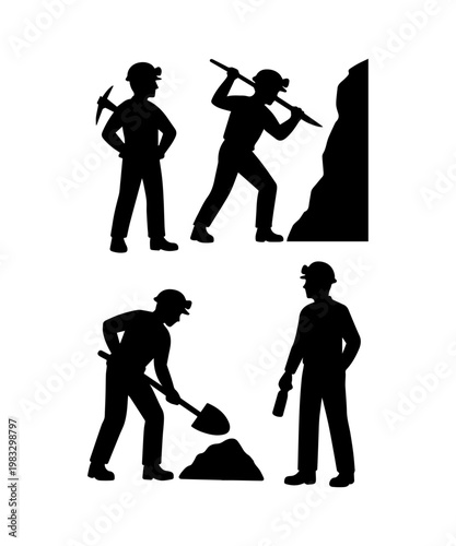 Miners working and digging with tools silhouette set