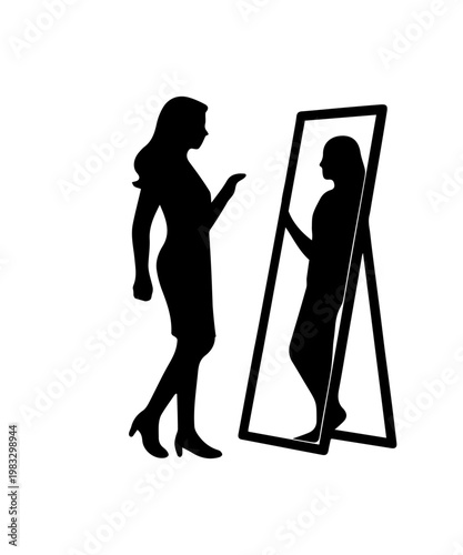 Woman silhouette looking mirror reflecting self identity