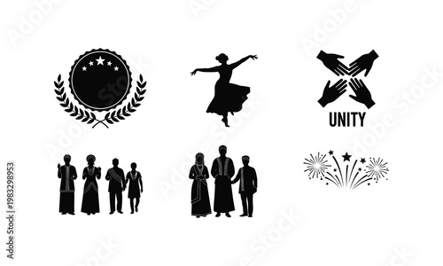 Juneteenth celebration symbols featuring cultural dance unity hands and family silhouette.