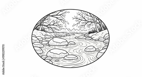 Circular illustration of a rocky stream with trees framing the scene