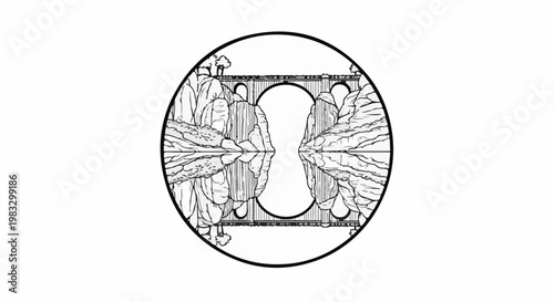 Circular illustration of a stone bridge over a gorge with reflected scenery