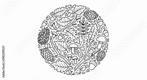 Circular pattern of forest elements with leaves, mushrooms, acorns, and pinecones
