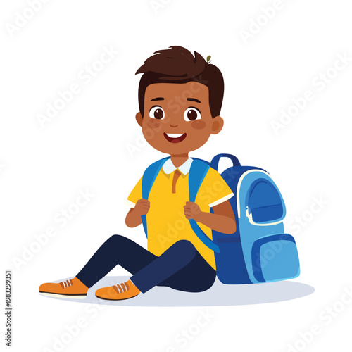 Happy schoolboy with backpack sitting isolated on white background