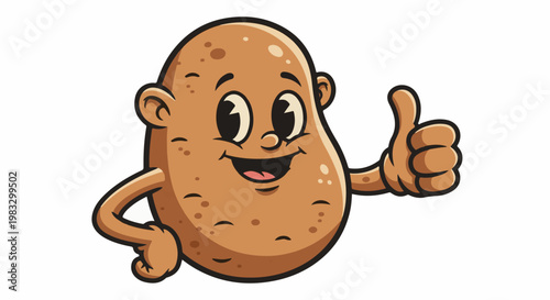 Cheerful potato character giving a thumbs-up and pointing down