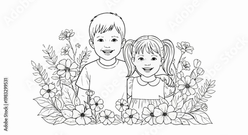 Cheerful siblings, a boy and girl, are depicted surrounded by lush floral arrangements