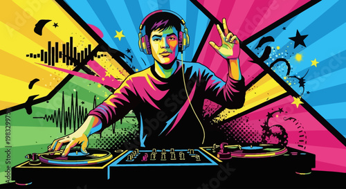 Young man wearing headphones DJing music.