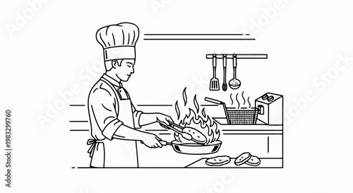 Chef cooking food in a pan with flames, utensils, and fryer