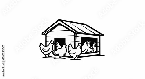 Chickens in a coop, minimalist graphic, farmyard scene