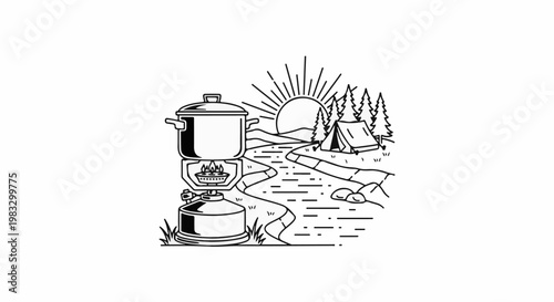 Camping scene with a pot on a stove, a tent, trees, and a river at sunrise