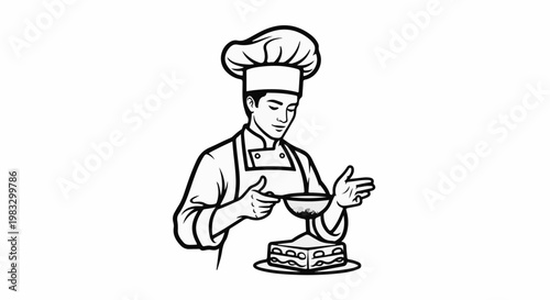 Chef decorating a layered dessert with powdered sugar using a sieve