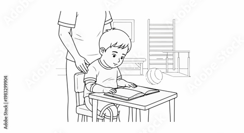 Child focused on book at desk with adult support nearby