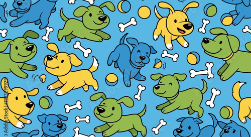 Colorful cartoon dogs playing together outside.